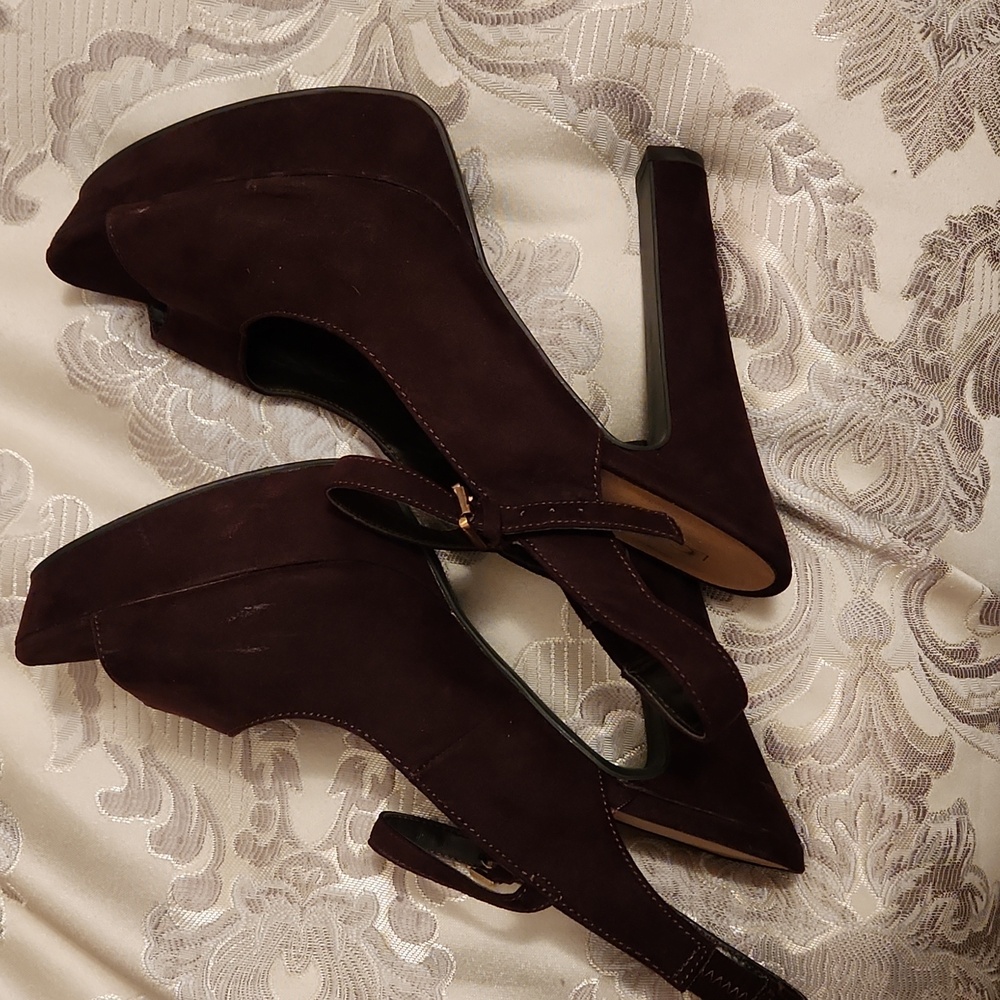 LC Lauren Conrad Brown Heels with Peep-Toe Design and Thick High Heel